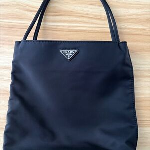 Prada Tessuto Black Polyamide Silver Vertical Tote Bag Designer VTG Minimalist